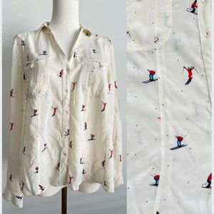 Maeve Anthropologie Ski Print Button Down Shirt Cream Long Sleeve Rayon Size 2